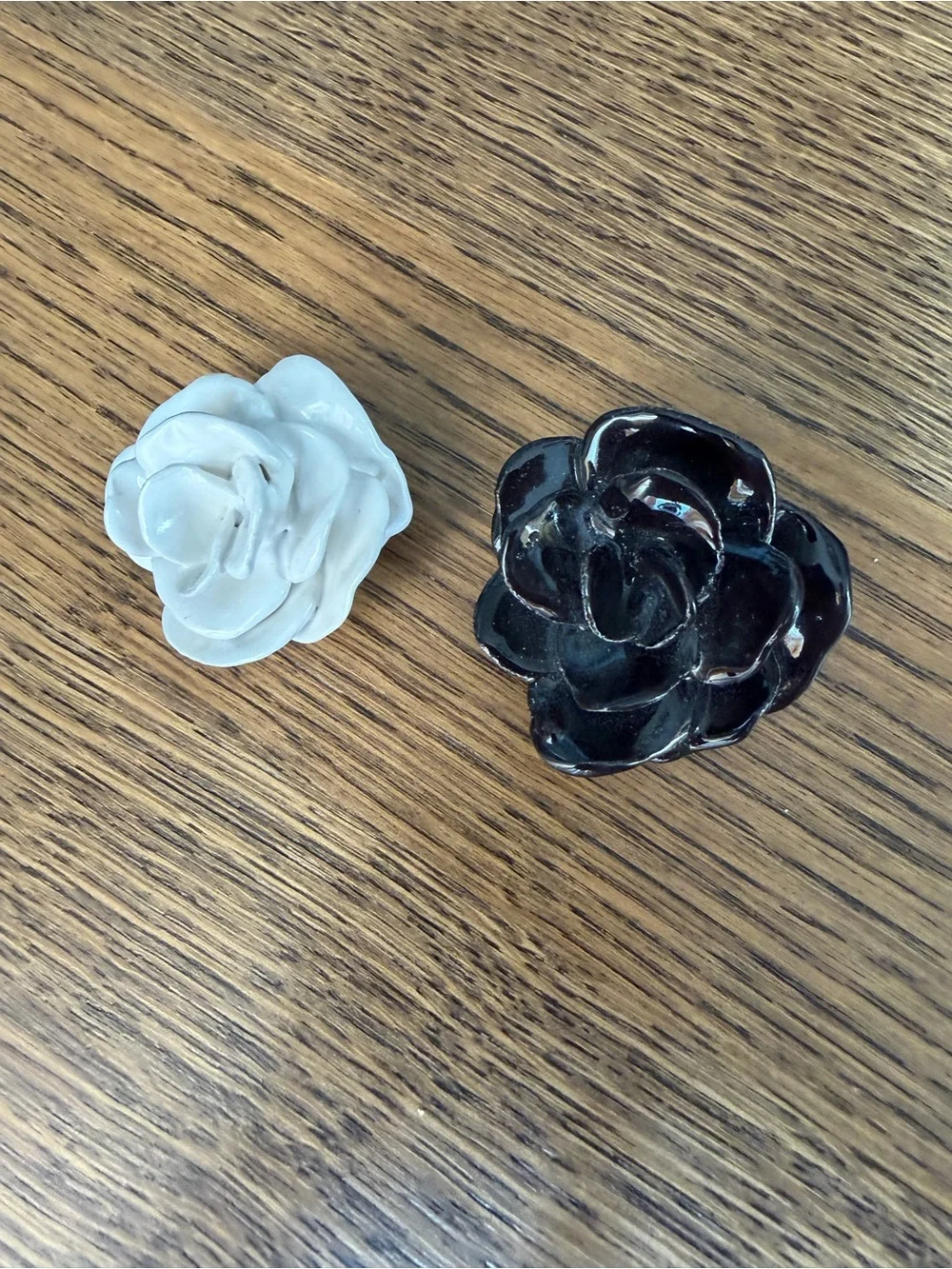 Vintage 3D Glazed Ceramic Flower Brooch Pin Set • Black & White Camellia Roses